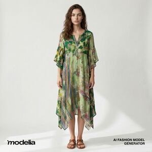 Umgee Womens High Low Kimono Sleeve Dress Green